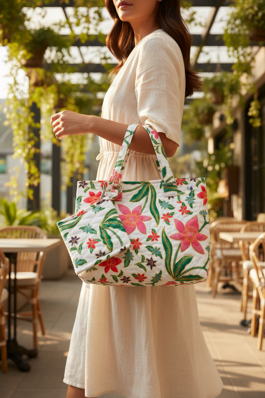 White Tropical Floral Quilted Shoulder Tote Bag - Lifestyle Editorial