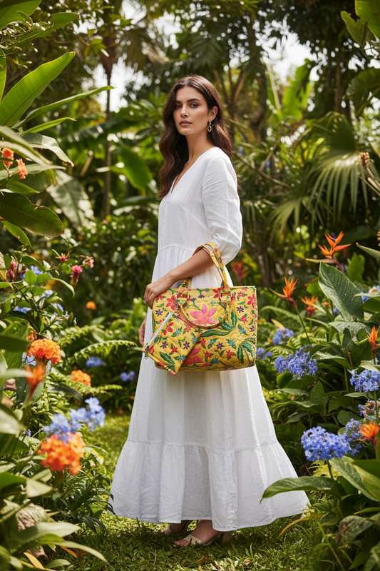Yellow Tropical Floral Quilted Shoulder Tote Bag - Outdoor