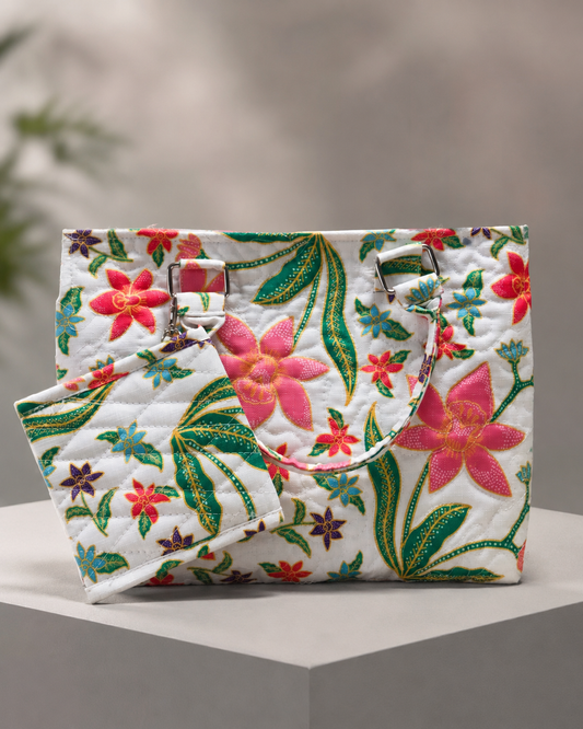 White Tropical Floral Quilted Shoulder Tote Bag