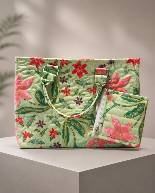 Green Tropical Floral Quilted Shoulder Tote Bag