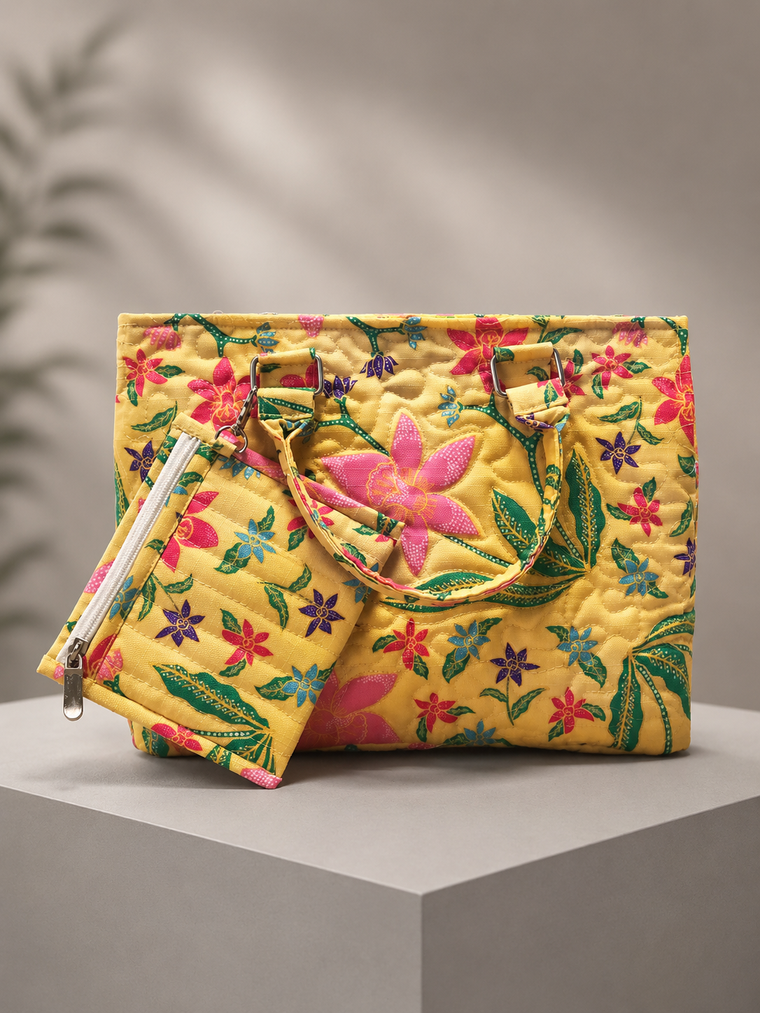 Yellow Tropical Floral Quilted Shoulder Tote Bag