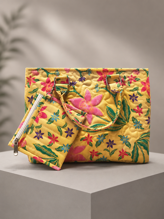 Yellow Tropical Floral Quilted Shoulder Tote Bag