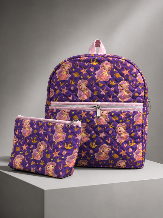 Purple Ocean Mermaid Girl Backpack & Zipper Pouch