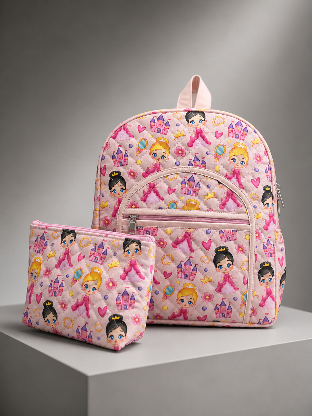 Pink Princess Castle Girl Backpack & Zipper Pouch
