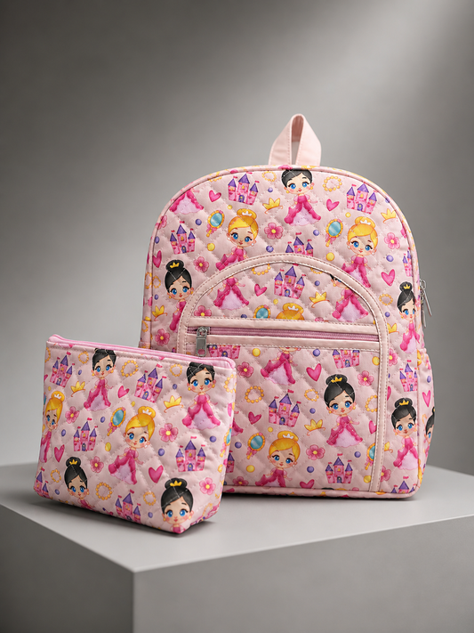 Pink Princess Castle Girl Backpack & Zipper Pouch