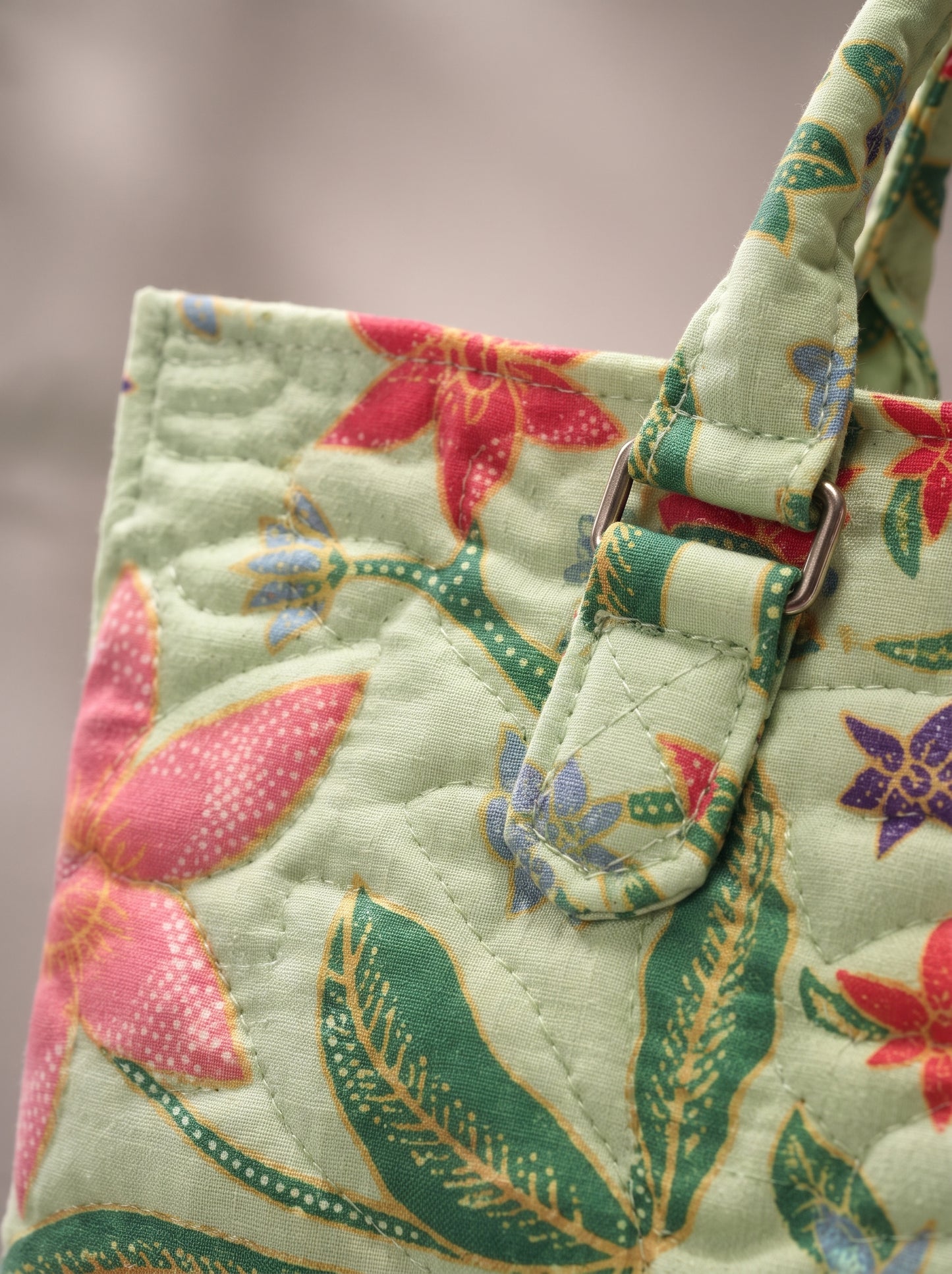 Green Tropical Floral Quilted Shoulder Tote Bag
