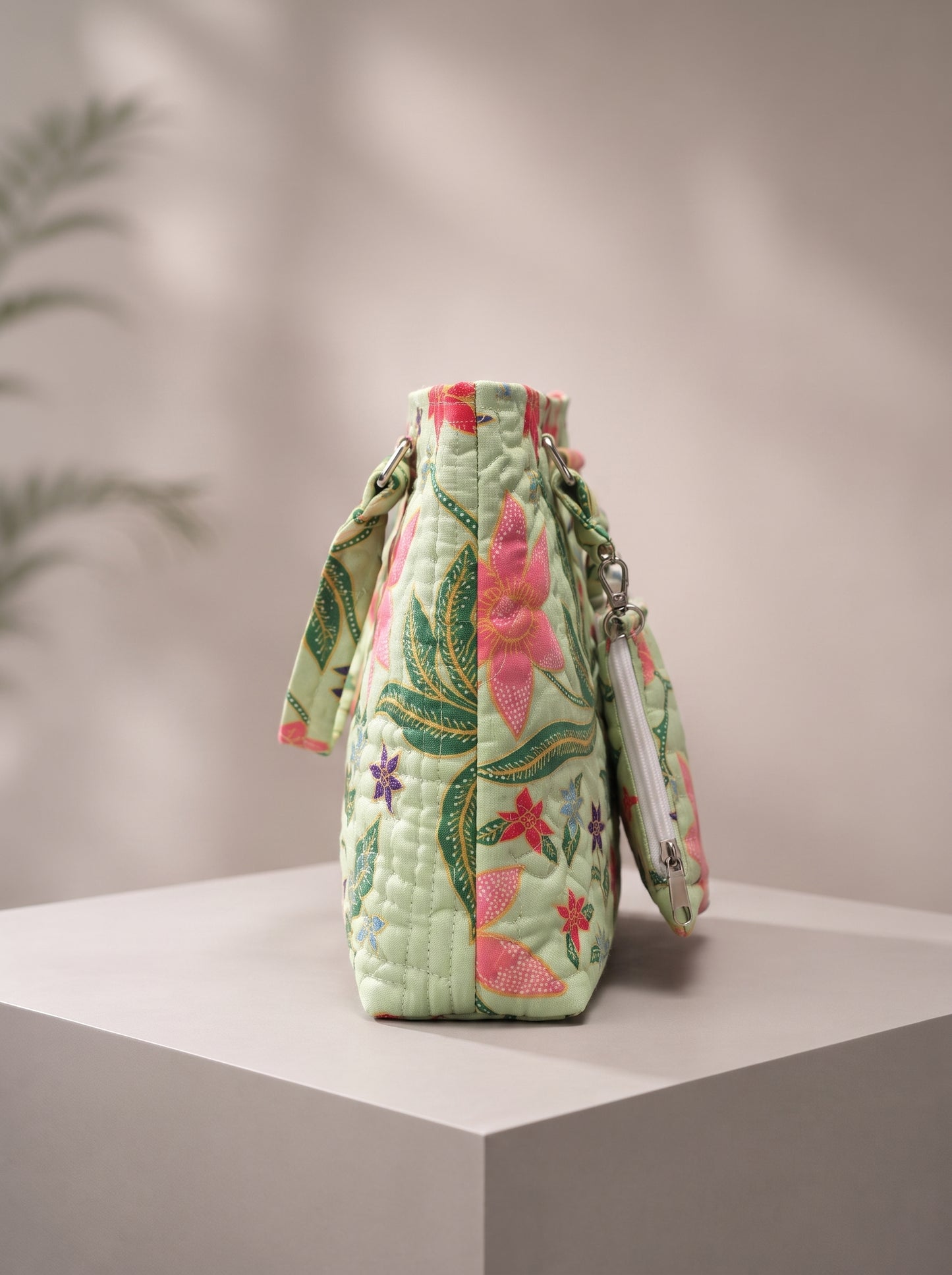 Green Tropical Floral Quilted Shoulder Tote Bag