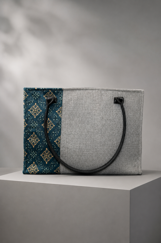 Everyday Classic Tote – Grey & Printed Panel