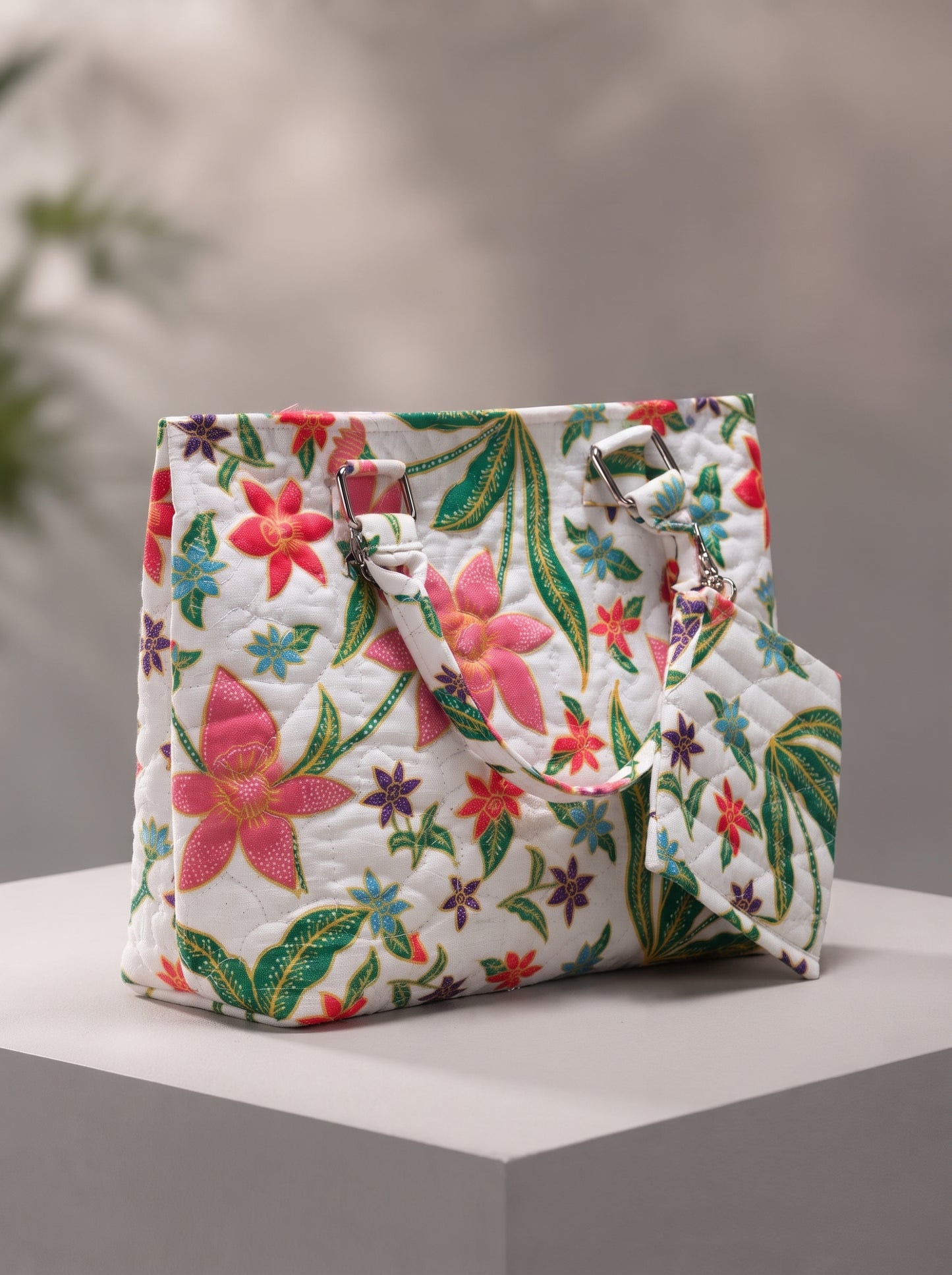 White Tropical Floral Quilted Shoulder Tote Bag