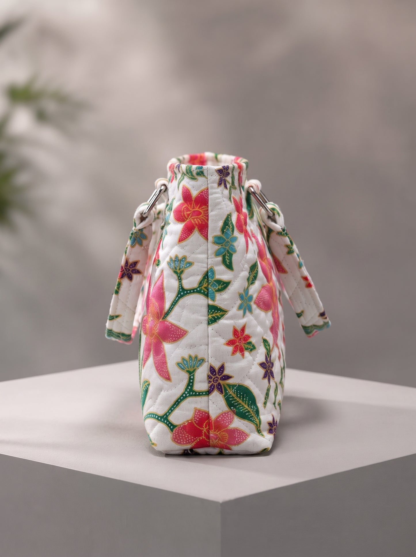 White Tropical Floral Quilted Shoulder Tote Bag