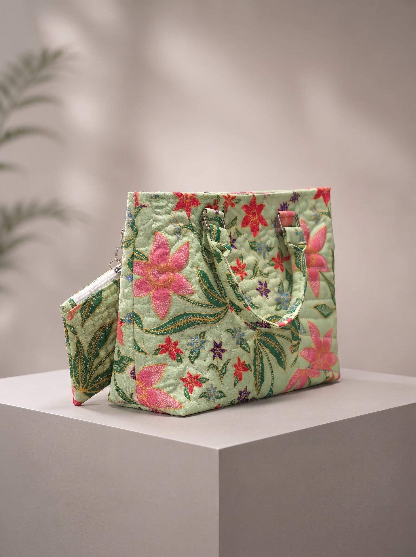 Green Tropical Floral Quilted Shoulder Tote Bag
