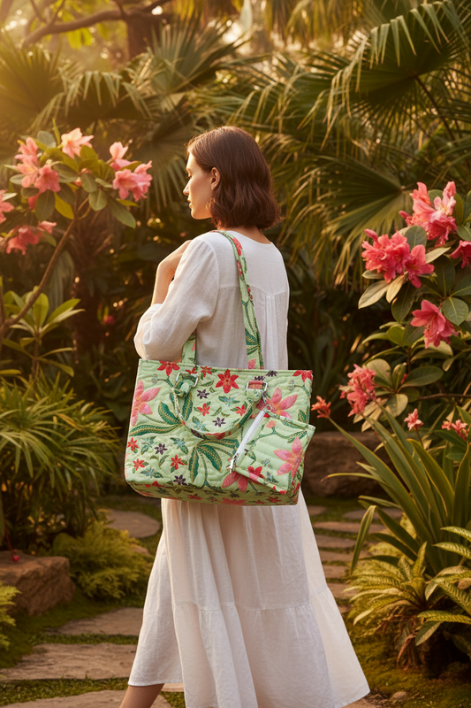 Green Tropical Floral Quilted Shoulder Tote Bag