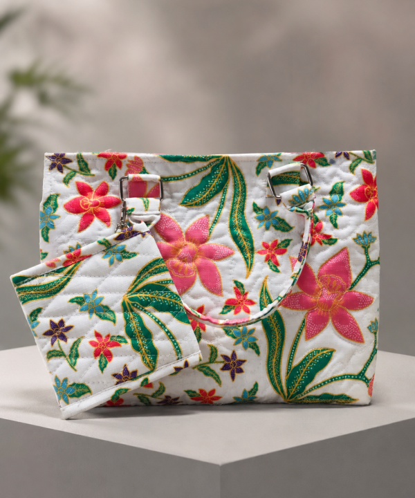 White Tropical Floral Quilted Shoulder Tote Bag