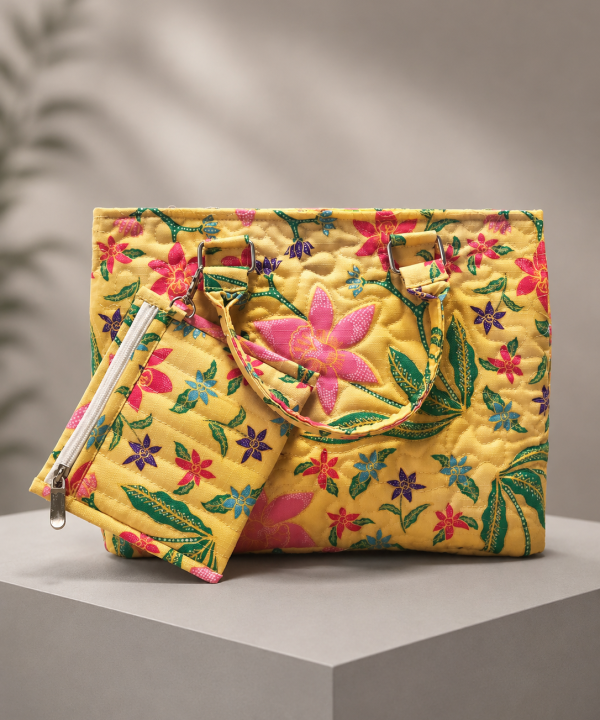Yellow Tropical Floral Quilted Shoulder Tote Bag